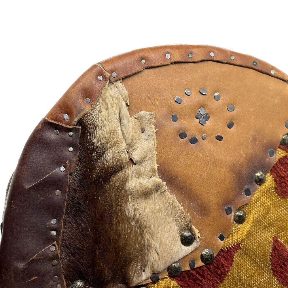 VIking Shield Hand Made Round Covered in Leather, Fabric, Calf Skin, Nail Detail - Picture 6 of 10
